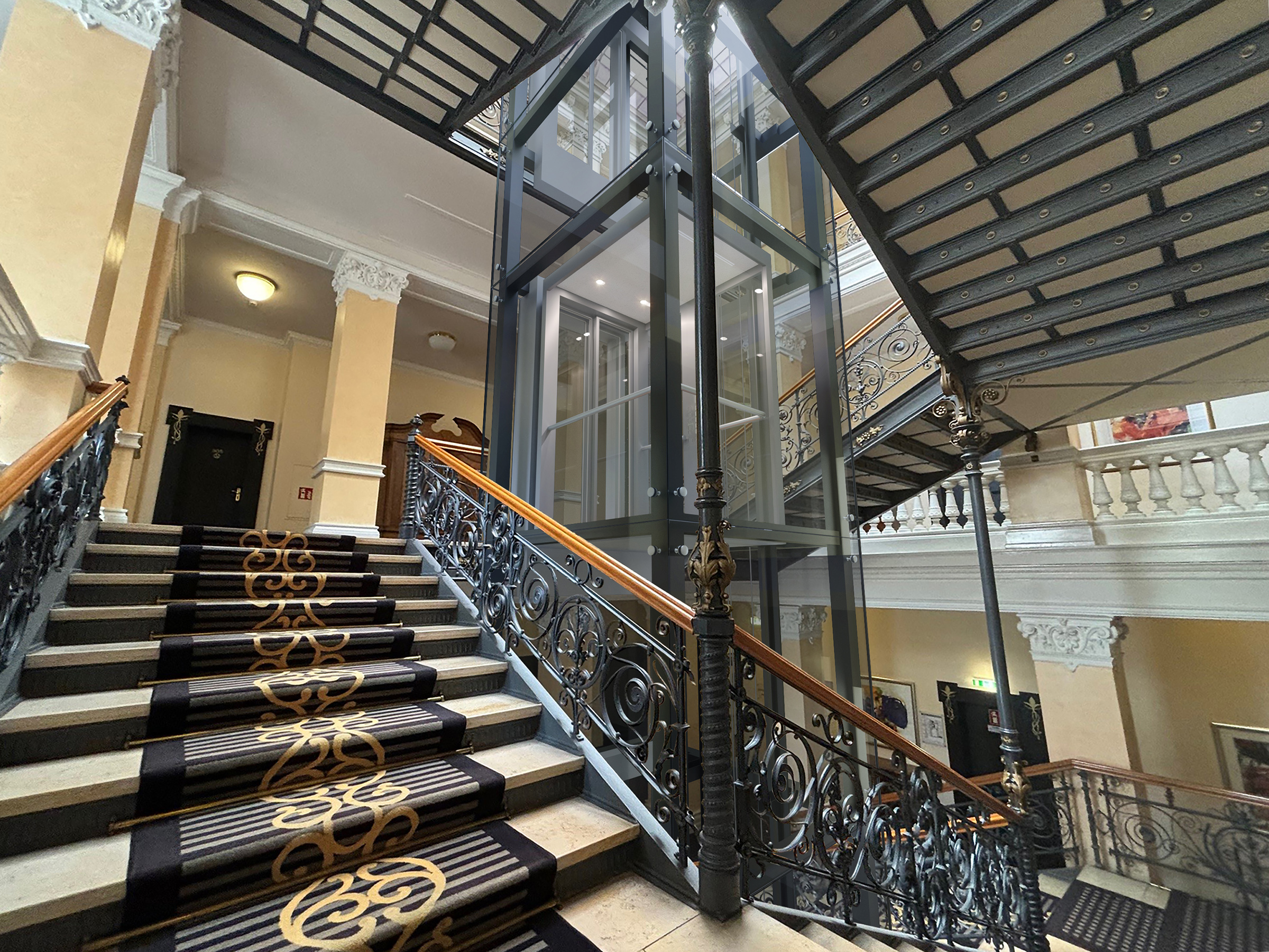 Hotel am Sophienpark in Baden-Baden, Studie für einen Aufzug im Treppenhaus