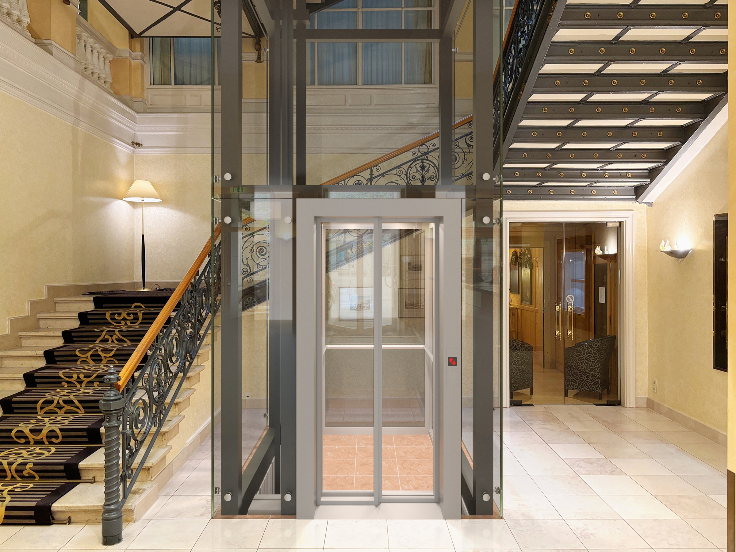 Hotel am Sophienpark in Baden-Baden, Studie für einen Aufzug im Treppenhaus